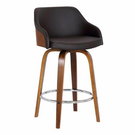 ARMEN LIVING Alec Contemporary 26 in. Counter Height Swivel Barstool in Walnut Wood Finish & Brown Faux Leather LCAEBAWABR26